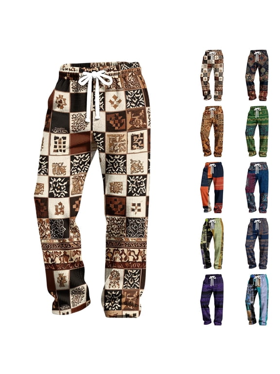 Men’s Vintage Plaid Boho Patchwork Printed Pants Waffle Knit Elastic Waist Trousers with Pockets Drawstring Straight Leg Pants Fall Winter Breathable Lightweight Travel Slacks,Navy M
