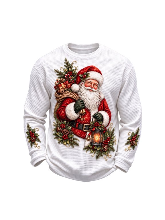 Men's Vintage Santa Christmas Shirts Funny Santa Graphic Waffle Knit Pullover Shirt Long Sleeve Crew Neck Tops Xmas Party Christmas Shirt
