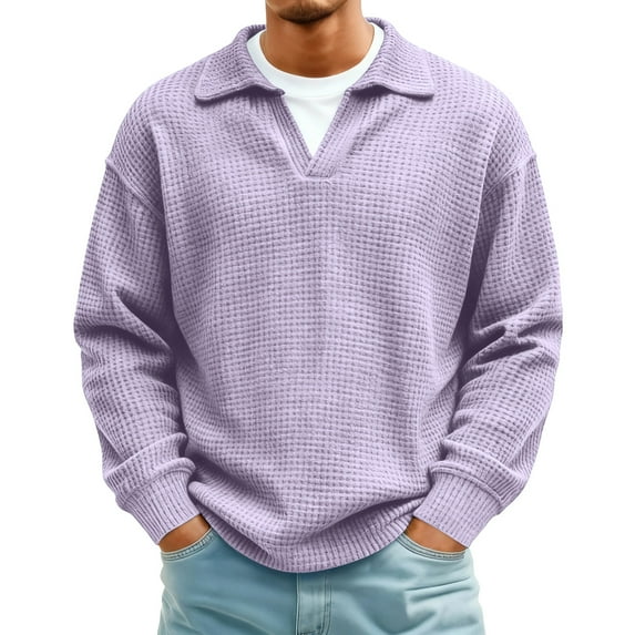 Havenx Men's Waffle Knit Long Sleeve Shirt V Neck Textured Shirt Waffle Knit Solid Color Pullover Relaxed Fit Lightweight Thermal Pullover Tops,Purple 4XL