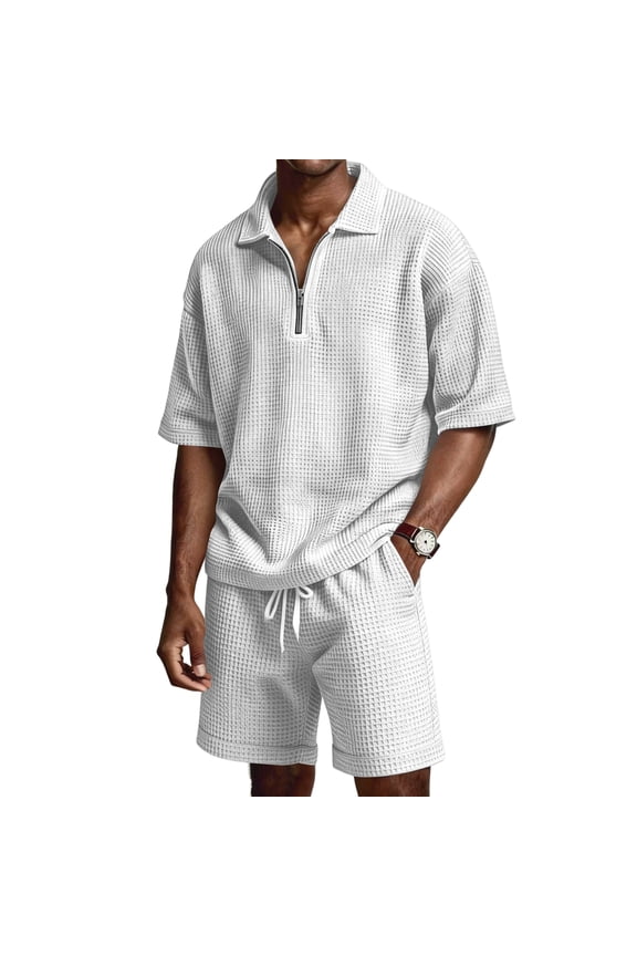 Men's Waffle Knit Polo Shirt and Shorts Set Short Sleeve 1/4 Zip Outfits with Pockets Textured Drawstring Sweatsuit Casual Summer Vacation Beach Fashion Clothes,White 4XL