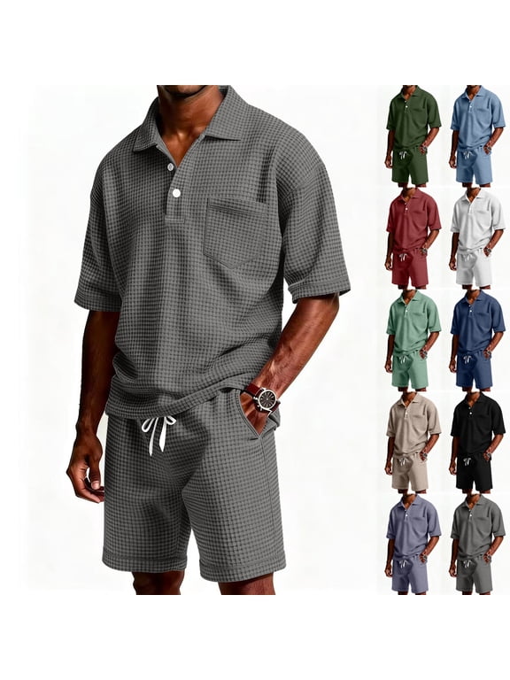 Men's Waffle Knit Polo Shirt and Shorts Set Short Sleeve Button Down Shirt and Shorts Set with Pockets Textured Drawstring Tracksuit Loose Athletic Summer Travel Lounge Clothing,Black XL