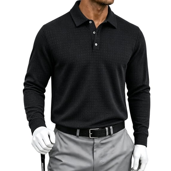 Havenx Men's Waffle Knit Polo Shirts Long Sleeve Button Down Polos Collared Solid Color Shirt Breathable Casual Soft Lightweight Fall Winter Tops,Black 4XL