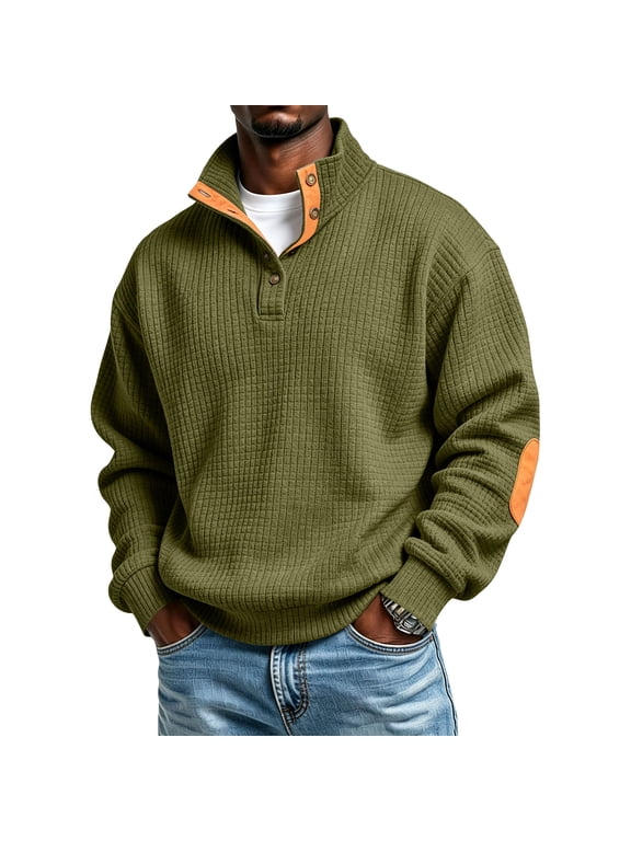 Men's Waffle Knit Pullover Sweatshirt Long Sleeve Stand Collar Shirts Button-Down Elbow Patches Pullovers Fall Winter Lightweight Comfy Casual Wear,Camouflage Green M