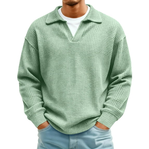 Havenx Men's Waffle Long Sleeve Shirts Crewneck Textured Shirts Waffle Knitted Solid Color Tops Slim Fit Fall Casual Basic Thermal Pullovers Top,Light Green 2XL