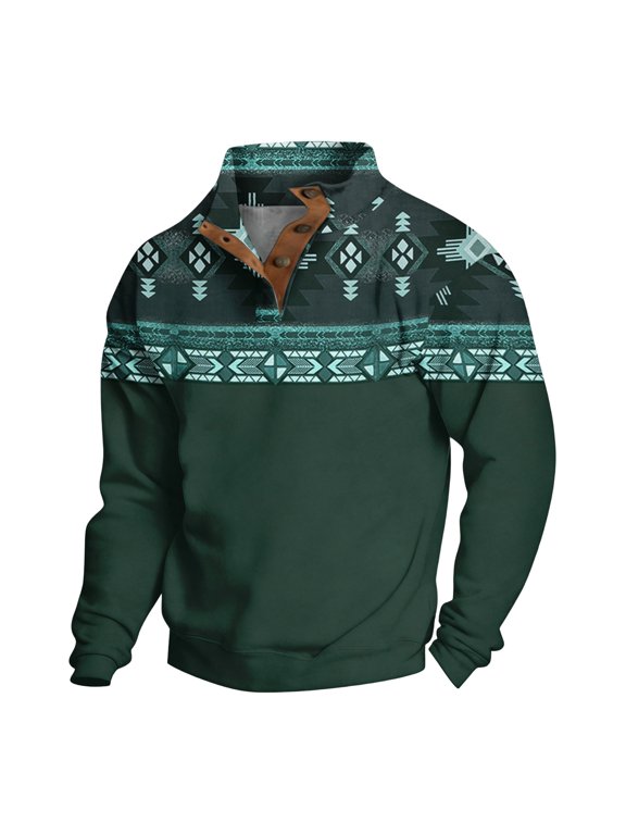 Men's Western Aztec Sweatshirt Long Sleeve 1/4 Button Up Pullover Stand Collar Jacket Shirt Retro Vintage Ethnic Tribal Western Aztec Clothing