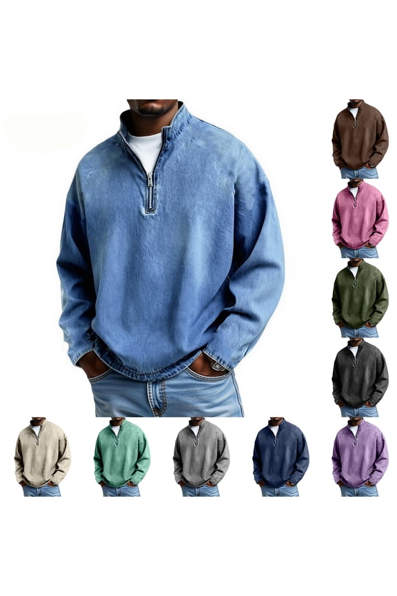 Mens 1/4 Zip Pullover Denim Stand Collar Pullover Long Sleeve Quarter-Zip Shirts Vintage Distressed Loose Casual Work T-Shirts,Dark Green 2XL