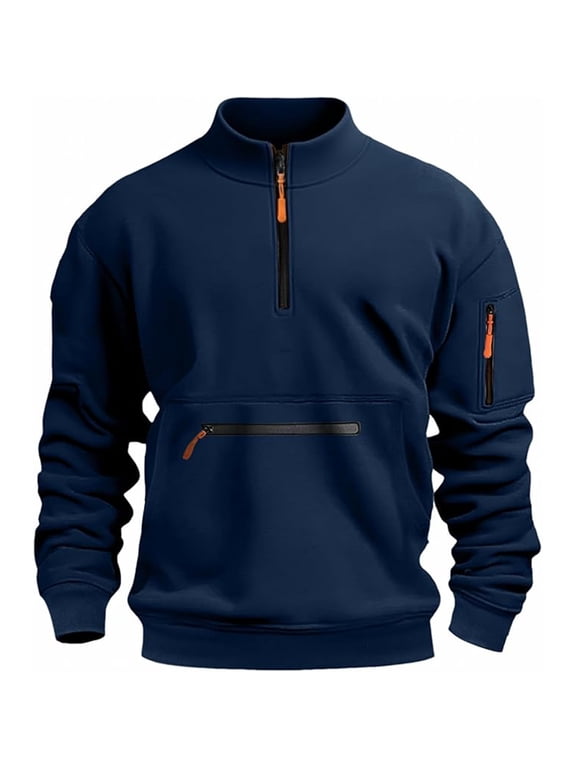 Mens 1/4 Zip Pullover Long Sleeve Stand Collar Pullover Sweater with Zip Pockets Solid Color Sweatshirt Casual Soft Outdoor Active 2026 Fall Winter Outfits,Navy XL