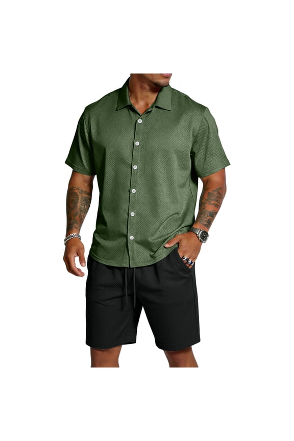 Mens 2 Piece Short Sets Mesh Short Sleeve Button Down Shirts and Shorts Lapel Collar Drawstring Set Contrast Color Summer Vacation Breathable Athletic Lightweight Wear,Camouflage Green M