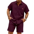 thumbnail image 1 of Havenx Mens 2 Piece Summer Beach Outfits Short Sleeve Waffle Knit Set Button Down Texture Lapel Collar Outfit with Pocket Casual Fashion Summer Vacation Clothing,Wine 2XL, 1 of 5