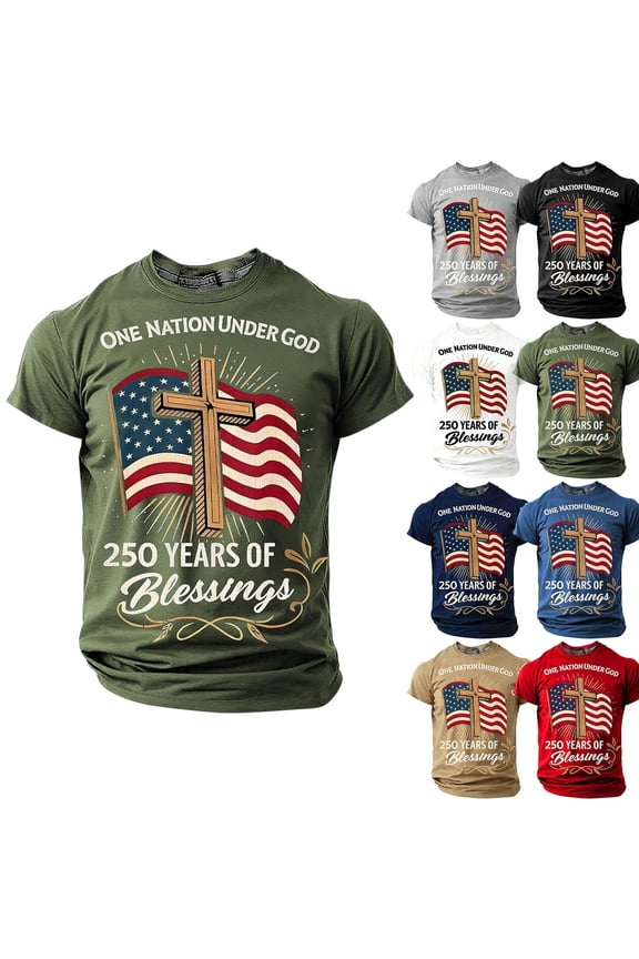 Mens 250 Years Of Blessings Patriotic T-Shirt Cross and American Flag Crew Neck Shirts Short Sleeve Fun Graphic T-Shirt Casual 250 Years Of Freedom Cross Patriotic Tee,Camouflage Green L
