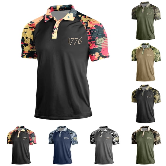 Havenx Mens 250th Anniversary Usa Shirt American Flag Print Camouflage Polo Shirts Short Sleeve Button Golf Shirt Lapel 4th Of July Independence Day Patriotic Fashion Tee,Coffee S