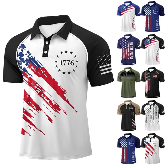 Havenx Mens American Flag Golf Shirts Button Short Sleeve Polo Shirts American Flag Print Tees Shirts Usa Patriotic 1776 Independent Day Clothes,Black XL