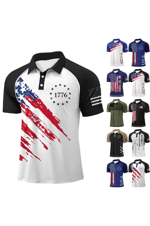 Mens American Flag Golf Shirts Button Short Sleeve Polo Shirts American Flag Print Tees Shirts Usa Patriotic 1776 Independent Day Clothes,Black XL