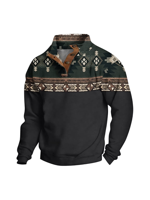 Mens Aztec Cowboy Sweatshirt Long Sleeve Quarter Button Pullover Stand Collar Jacket Shirt Western Cowboy Aztec Retro Vintage Ethnic Clothing