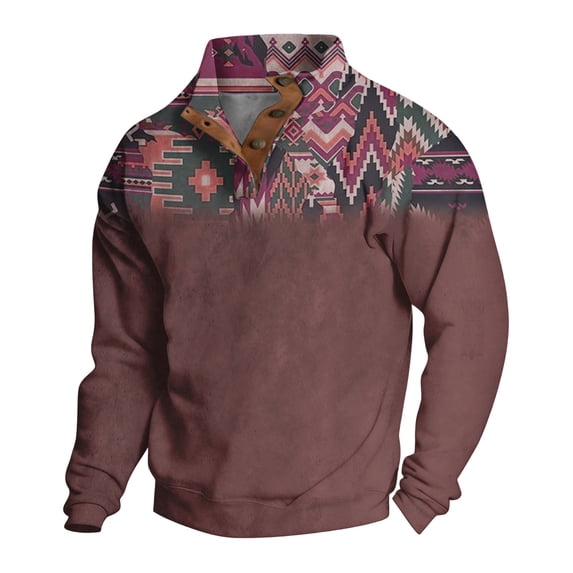 Havenx Mens Aztec Cowboy Sweatshirt Long Sleeve Quarter Button Sweatshirt Stand Collar Jacket Shirt Casual Vintage Ethnic Western Aztec Fall Tops