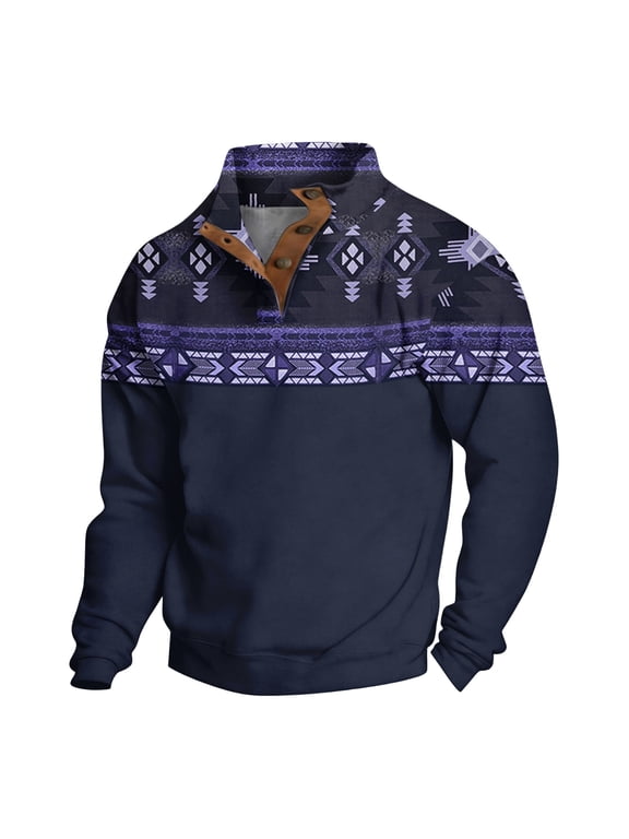 Mens Aztec Cowboy Sweatshirt Long Sleeve Quarter Button Sweatshirt Stand Collar Jacket Shirt Western Aztec Retro Vintage Ethnic Casual Tops