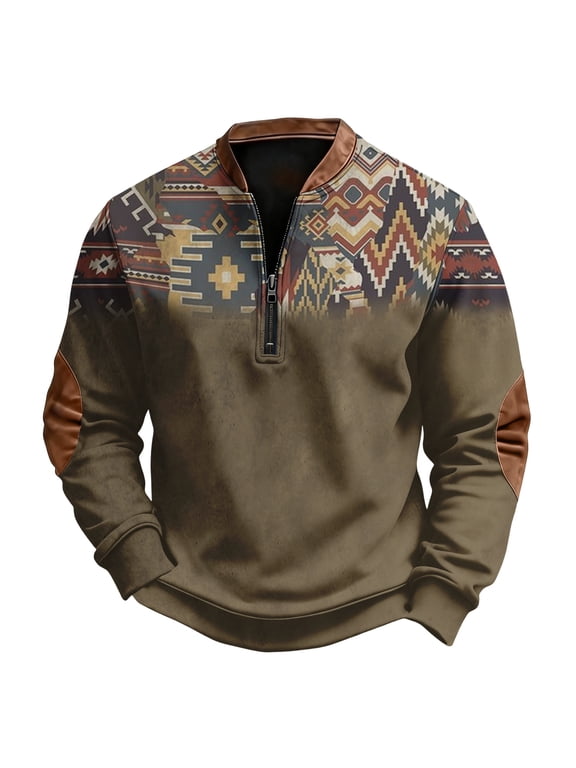 Mens Aztec Cowboy Sweatshirt Long Sleeve Quarter Zip Sweatshirts Mock Neck Shirts Retro Vintage Ethnic Tribal Western Aztec Tops