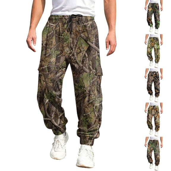 Havenx Mens Baggy Camo Cargo Pants Maple Leaf Print Elastic Waist Tapered Cargo Sweatpants with Pockets Straight Wide Leg Trousers Hunting Casual Fashion Loose Fit Y2k Streetwear,Green M