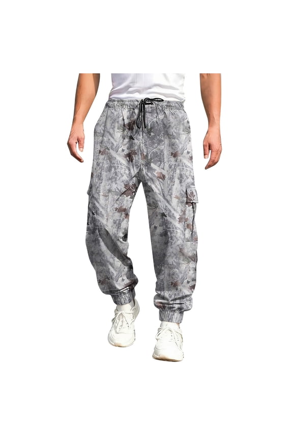 Mens Baggy Camo Cargo Sweatpants Maple Leaf Print Elastic Waist Tapered Cargo Jogger Sweatpants with Flap Pockets Wide Leg Bottoms Hunting Casual Fashion Loose Fit Y2k Clothes,Gray XL