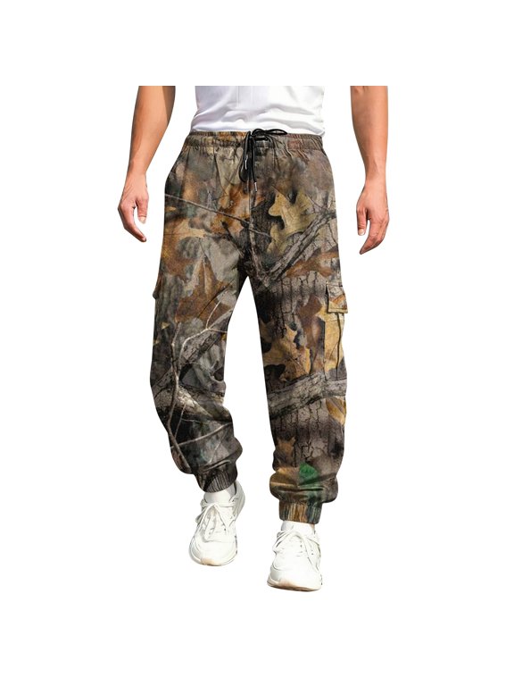 Mens Baggy Camo Cargo Sweatpants Maple Leaf Print Elastic Waist Tapered Cargo Pants with Pockets Straight Wide Leg Joggers Gym Workout Hiking Casual Athletic Clothing,Deep Green L
