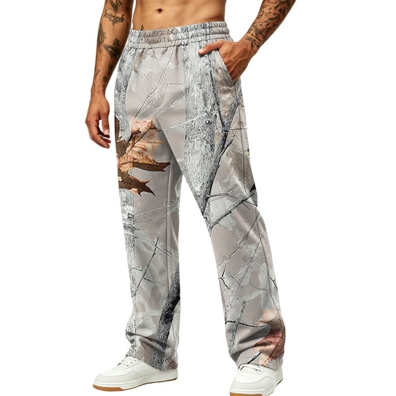 Havenx Mens Baggy Camo Pants Wide Leg Dry Leaf Print Elastic Waist Sweat Pant with Pockets Open Bottom Camouflage Trousers Jogger Workout Casual Fashion Loose Fit Clothes,Gray XL