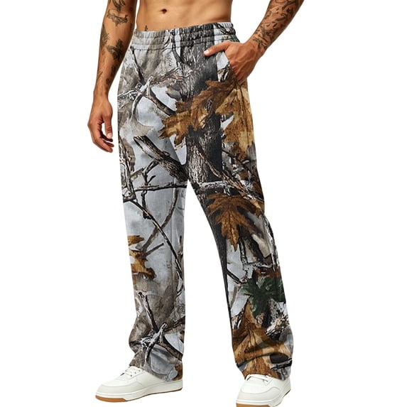 Havenx Mens Baggy Camo Pants Wide Leg Dry Leaf Print Elastic Waist Sweat Pant with Pockets Open Bottom Camouflage Wear Jogger Workout Casual Fashion Loose Fit Streetwear,Camel L