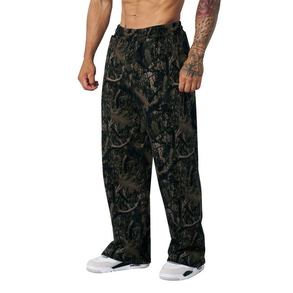 Havenx Mens Baggy Camo Sweatpants Graphic Camo Pants Wide Leg Elastic Waist Streetwear with Pockets Athletic Joggers Workout Casual Fashion Open Bottom Clothing,Black S