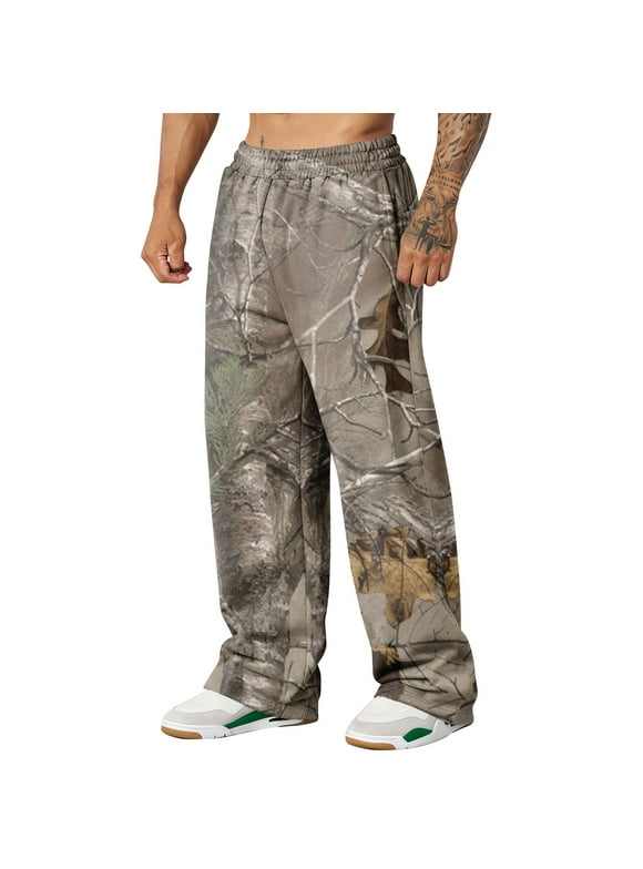 Mens Baggy Camo Sweatpants Graphic Camo Sweats Straight Wide Leg Elastic Waist Bottoms with Pockets Joggers Workout Casual Fashion Loose Fit Open Bottom Clothing,Green M