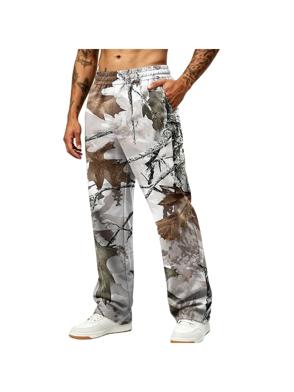 Mens Baggy Camo Sweatpants Wide Leg Dry Leaf Print Elastic Waist Sweat Pant with Pockets Open Bottom Camouflage Bottoms Casual Fashion Y2k Loose Fit Jogger Clothing,Light Gray L