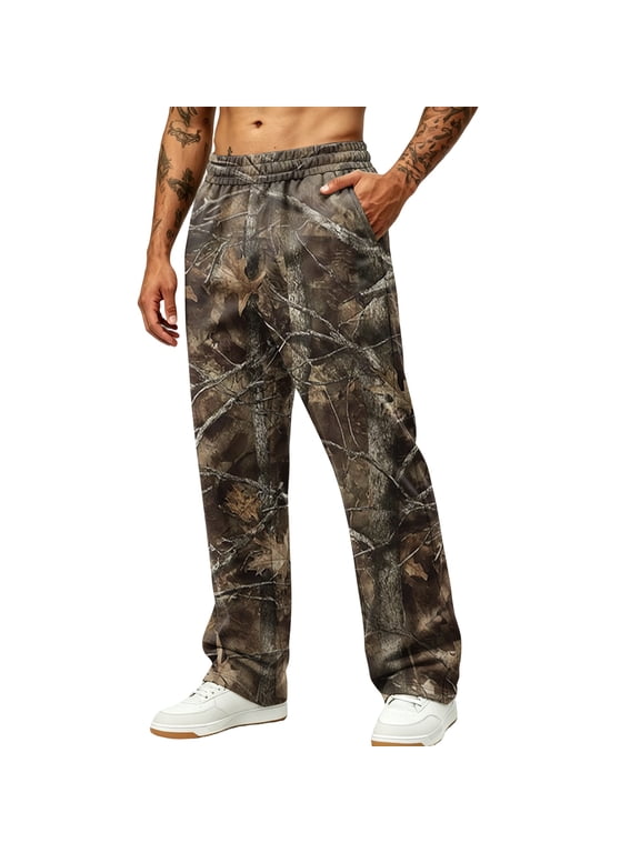 Mens Baggy Camo Sweatpants Wide Leg Dry Leaf Print Elastic Waist Sweatpants with Pockets Open Bottom Camouflage Wear Athletic Jogger Workout Casual Fashion Clothing,Coffee L