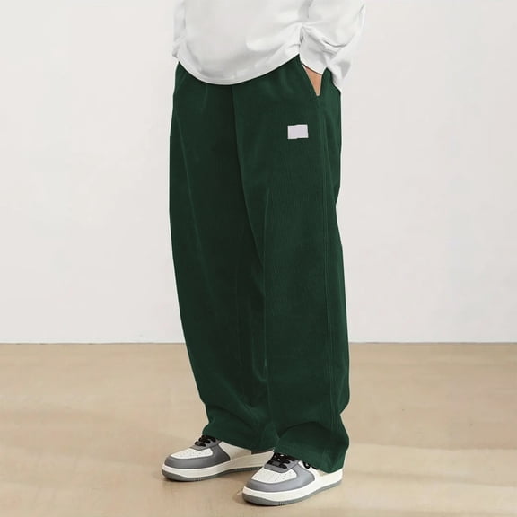 Havenx Mens Baggy Corduroy Pants Straight Leg Elastic Waist Pants Drawstring Waist Corduroy Trousers with Pockets Fashion Loose Fit Going Out Casual Clothes,Dark Green L