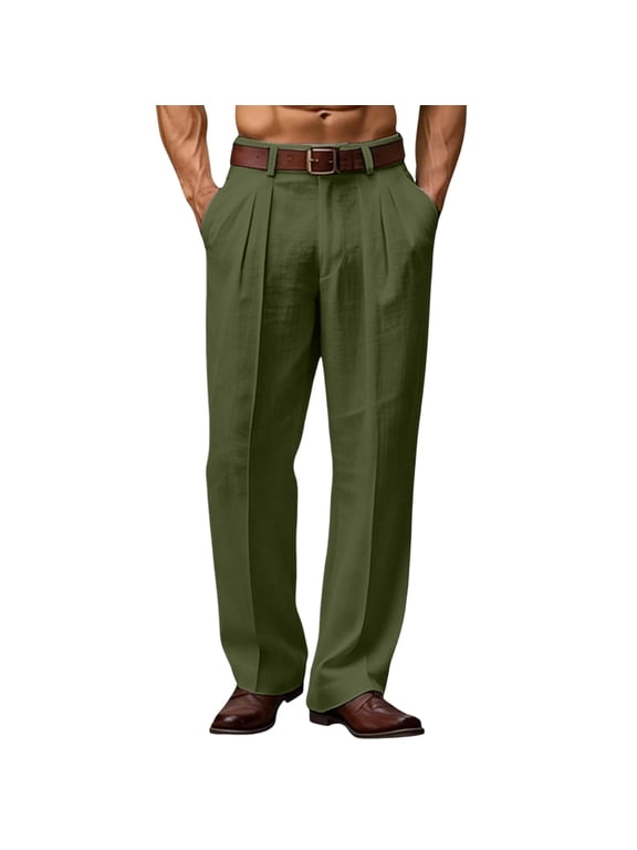 Mens Baggy Dress Pants Linen Pleat-Front Suit Pants Straight Leg Baggy Lined Pants with Pockets Old Money Baggy Summer Office Work Casual Trousers Slacks,Camouflage Green 3XL