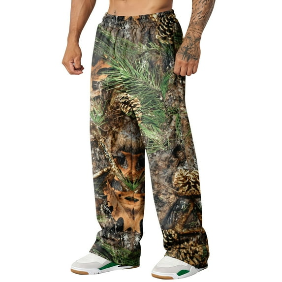 Havenx Mens Baggy Pants Camouflage Graphic Print Pants Straight Wide Leg Elastic Waist Streetwear with Pockets Loose Fit Y2k Workout Athletic Soft Camo Clothes,Deep Green S