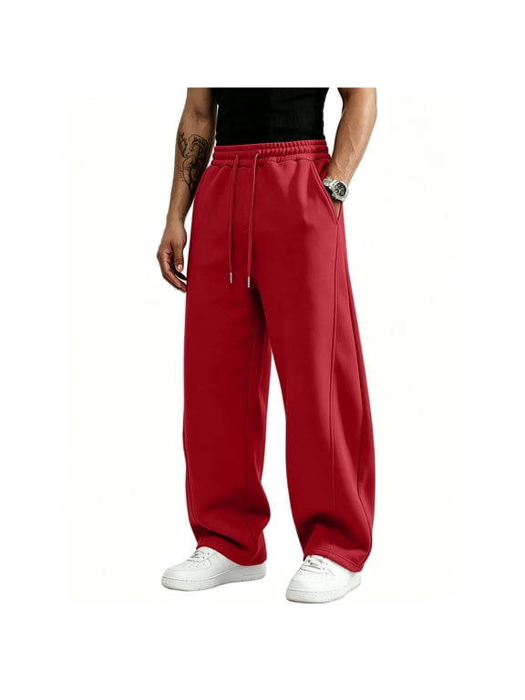 Mens Baggy Sweatpants Straight Wide Leg Drawstring Joggers with Pockets Elastic Waist Open Bottom Sweatpant Athletic Comfy Y2k Fall Winter Loose Fit Trousers,Red 2XL