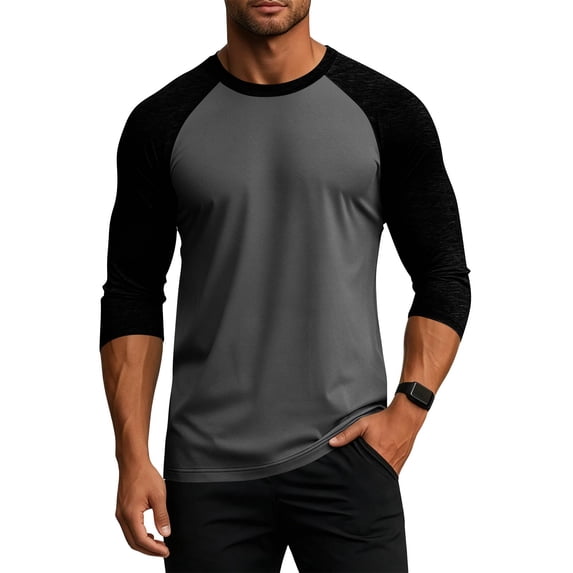 Havenx Mens Baseball Shirt Raglan 3/4 Long Sleeve Crewneck Shirt Color Block Moisture Wicking T Shirts Athletic Gym Workout Lightweight Vintage Tops,Gray L