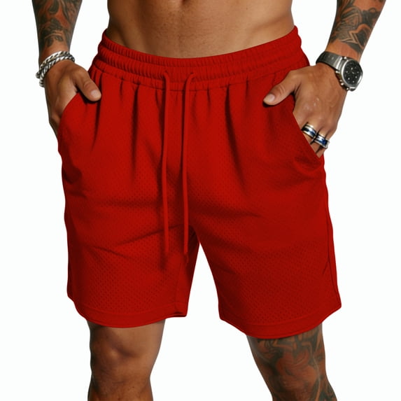 Havenx Mens Basic Mesh Shorts Drawstring Elastic Waist Shorts with Pockets Fast Dry Mesh Sweat Shorts Lightweight Summer Beach Gym Workout Wear,Red 3XL