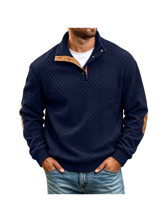 Mens Cable Knit Pullover Sweater Fleece Lined Long Sleeve 1/4 Button Up Sweatshirt Elbow Patches Stand Collar Tops Warm Dressy Fall Winter Outdoor Casual Clothing