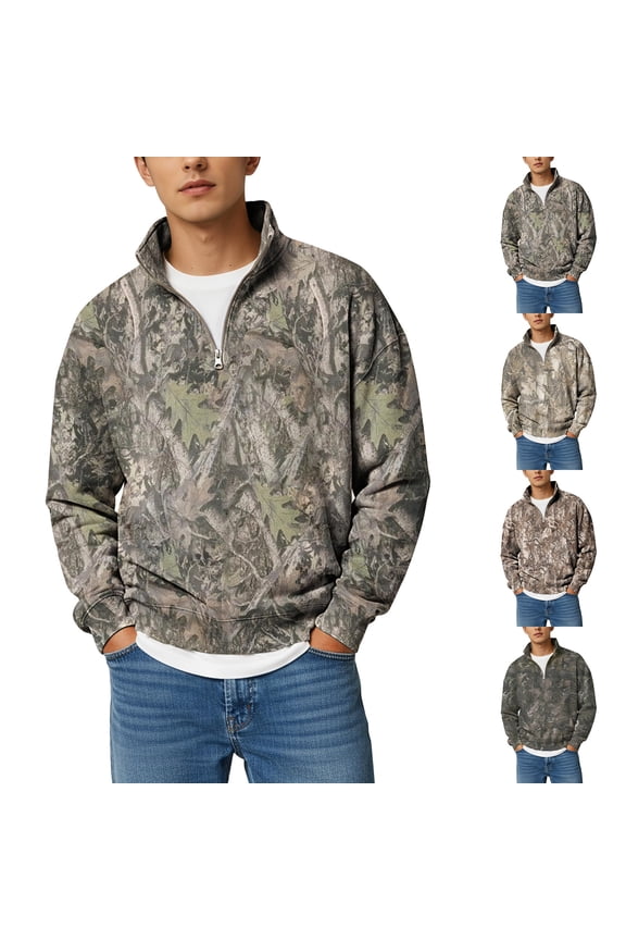 Mens Camo 1/4 Zip Pullover Long Sleeve Maple Leaf Graphic Sweater Mock Neck Quarter Zip Pullover Athletic Workout Casual Fashion Y2k Clothing,Camouflage Green M