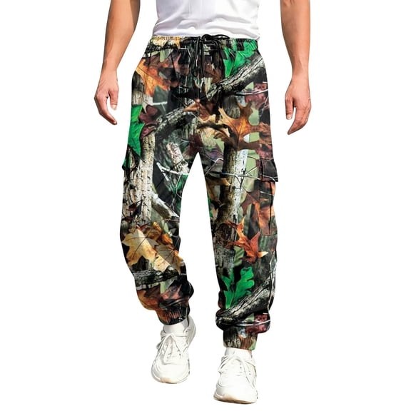 Havenx Mens Camo Cargo Pants Maple Leaf Print Elastic Waist Tapered Cargo Joggers with Flap Pockets Wide Leg Trousers Gym Workout Hiking Casual Athletic Clothing,Camouflage S