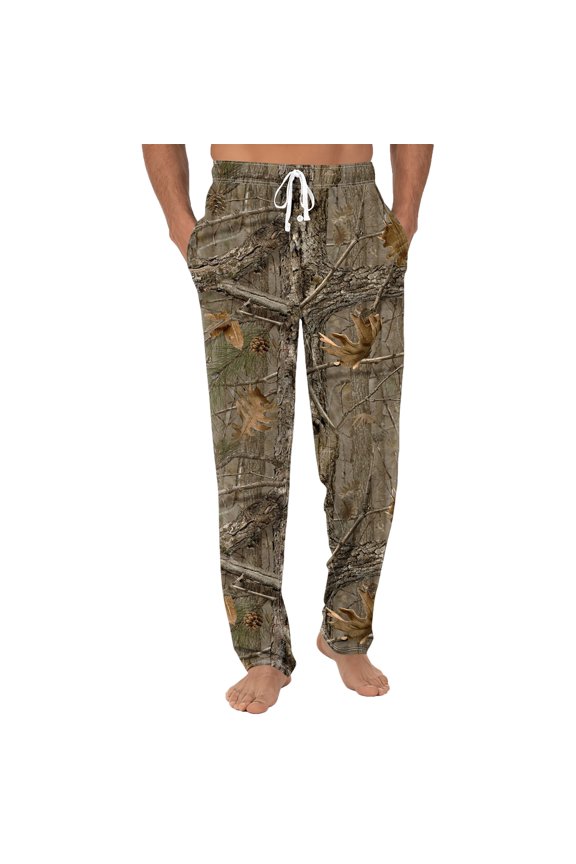 Mens Camo Lounge Pants Elastic Waist Long Pajama Camo Straight-Fit Pj Bottoms with Pockets Lightweight Breathable Comfort Lounge Pant,Earthy Yellow S