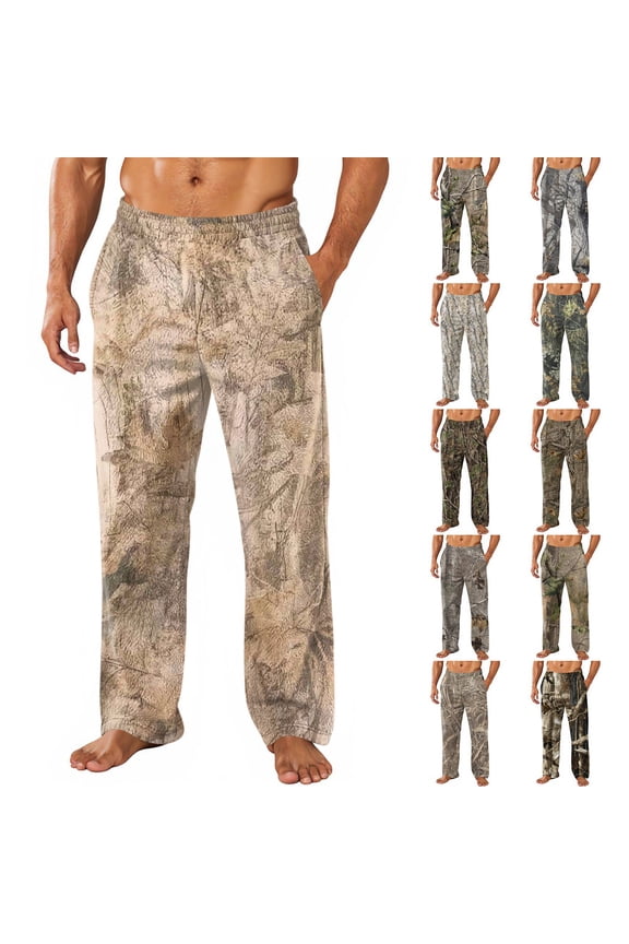 Mens Camo Lounge Pants Flannel Elastic Pants with Pockets Straight-Fit Camouflage Print Pj Bottoms Casual Novelty Lounge Breathable Pant,White S