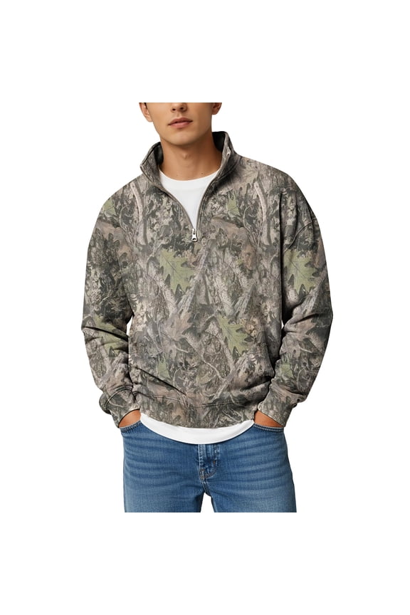 Mens Camo Quarter Zip Pullover Long Sleeve Maple Leaf Print Sweatshirts Mock Neck 1/4 Zip Sweatshirt Polo Workout Outdoor Fishing Hiking Camping Polo Shirts,Camouflage Green 3XL