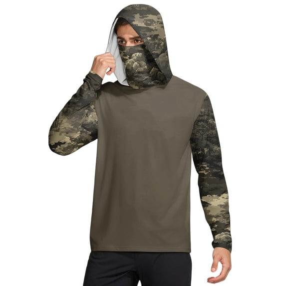 Havenx Mens Camo Sun Protection Shirts Long Sleeve Hooded Rapid Dry Shirt with Mask Uv Protection Rash Guard Shirts Fishing Casual Summer Lightweight Hiking Clothing,Dark Green 2XL