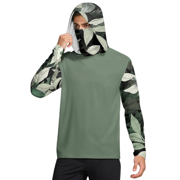 Havenx Mens Camo Sun Protection Shirts Long Sleeve Hooded Rapid Dry Shirts with Mask Uv Protection Hoodie Shirt Fishing Casual Summer Lightweight Hiking Blouses,Green XL