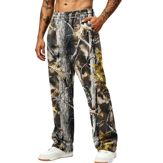 Havenx Mens Camo Sweatpants Wide Leg Dry Leaf Print Elastic Waist Sweat Pant with Pockets Open Bottom Camouflage Trousers Athletic Jogger Workout Casual Fashion Streetwear,Bronze M