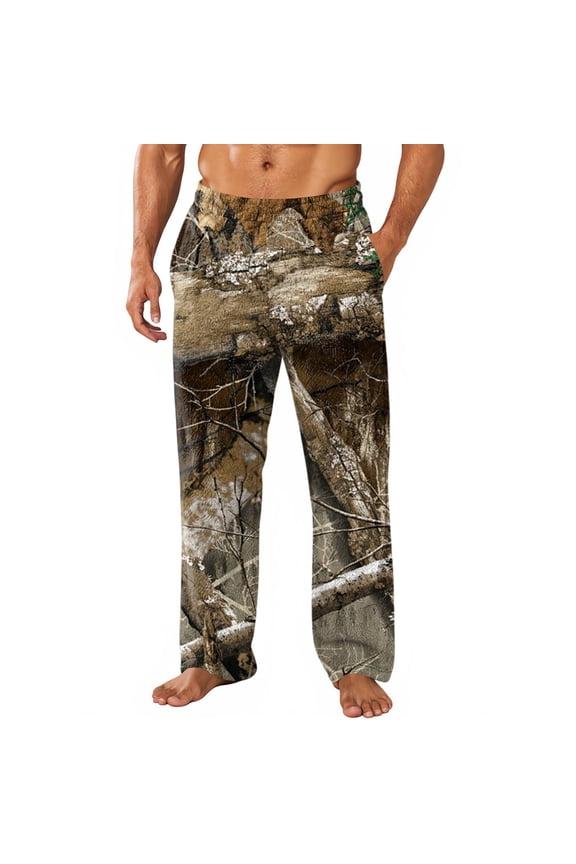 Mens Camouflage Pajama Pants Flannel Elastic Pajama Pants with Pockets Straight-Fit Camo Pj Bottoms Lightweight Breathable Comfort Lounge Sleep Pants,Light Gray S