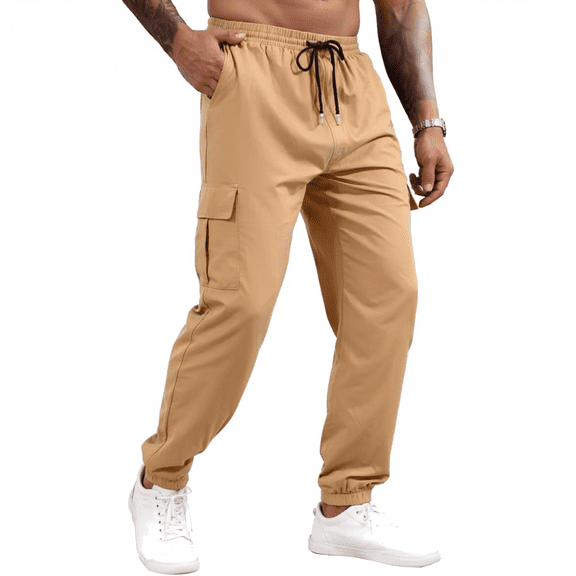 Havenx Mens Cargo Sweatpants Drawstring Elastic Waist Sweatpants with Multi Pockets Stretch Tapered Leg Joggers Hiking Outdoor Recreation Slim Fit Clothes,Khaki 2XL