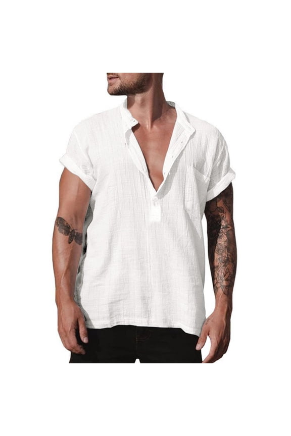 Mens Casual Henley Shirt Linen Short Sleeve Button Down Shirts V-Neck Textured T Shirts with Pocket Casual Summer Beach Vacation Lightweight Clothes,White M