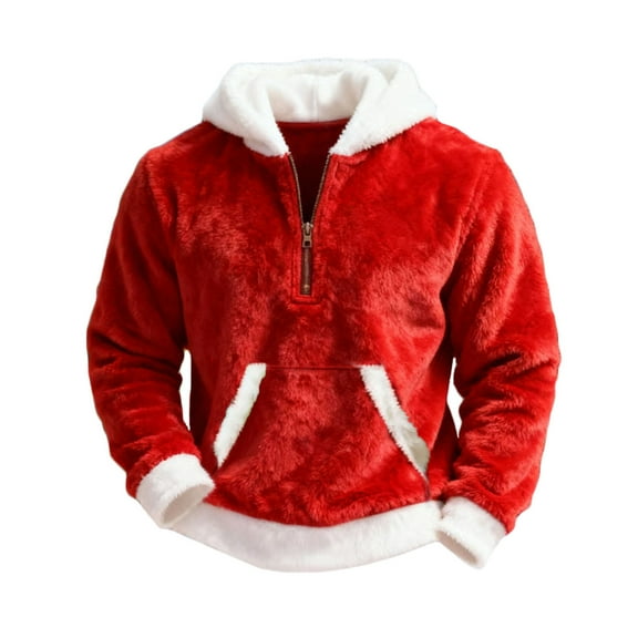 Havenx Mens Christmas Sweatshirt Quarter Zip Fuzzy Flannel Long Sleeve Hoodies Big and Tall Soild Color Santa Hoodies Plush Fleece Zipper Xmas Pullover Tops,Red L