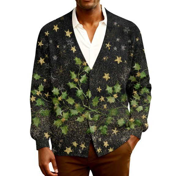 Havenx Mens Christmas Ugly Cardigan Sweater V Neck Long Sleeve Sweaters Xmas Printed Shawl Collar Outwear Cardigan with Button Regular Fit Lightweight Xmas Business Office Shirt,Green 5XL